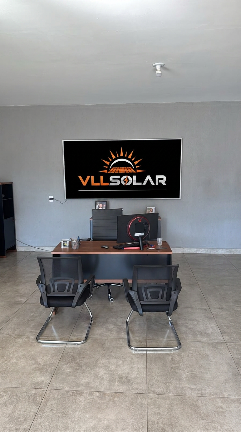 Loja física da VLL Solar com recepção e placa da marca na parede